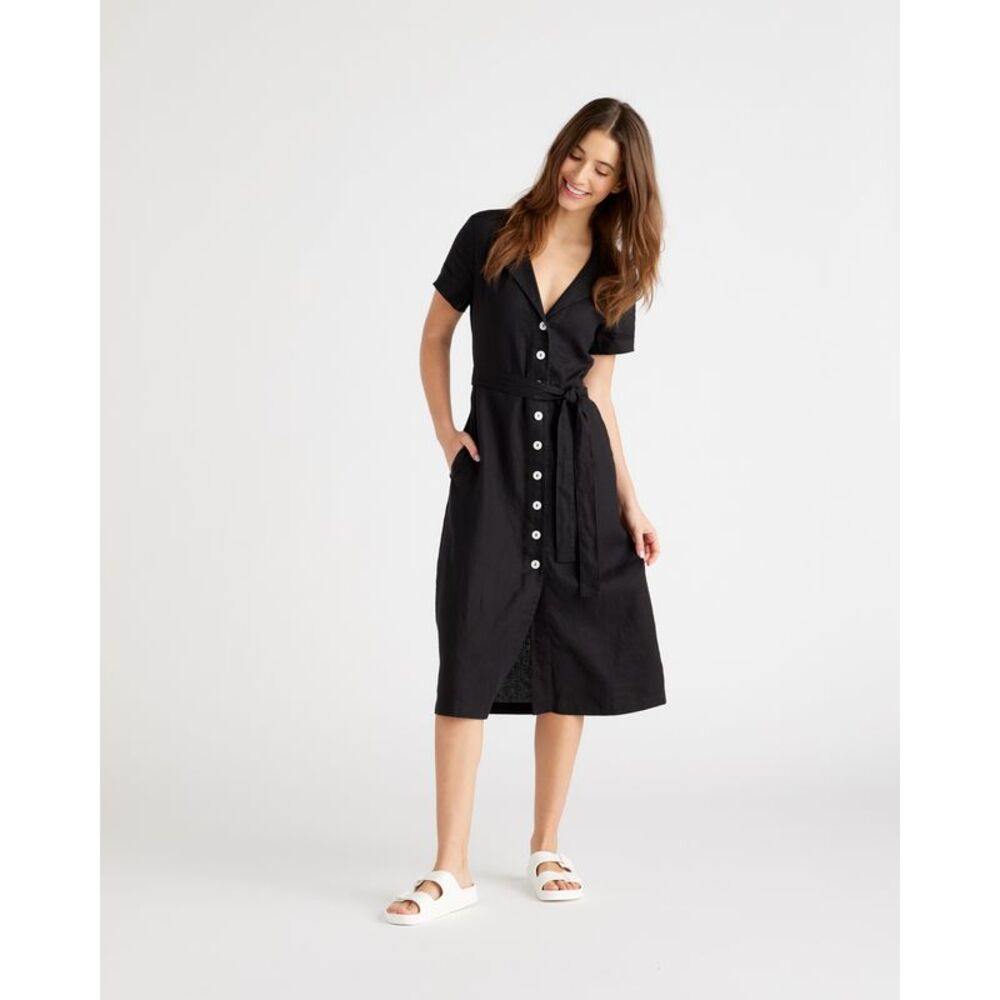 Quince Women's 100% European Linen Button Front Black  XS